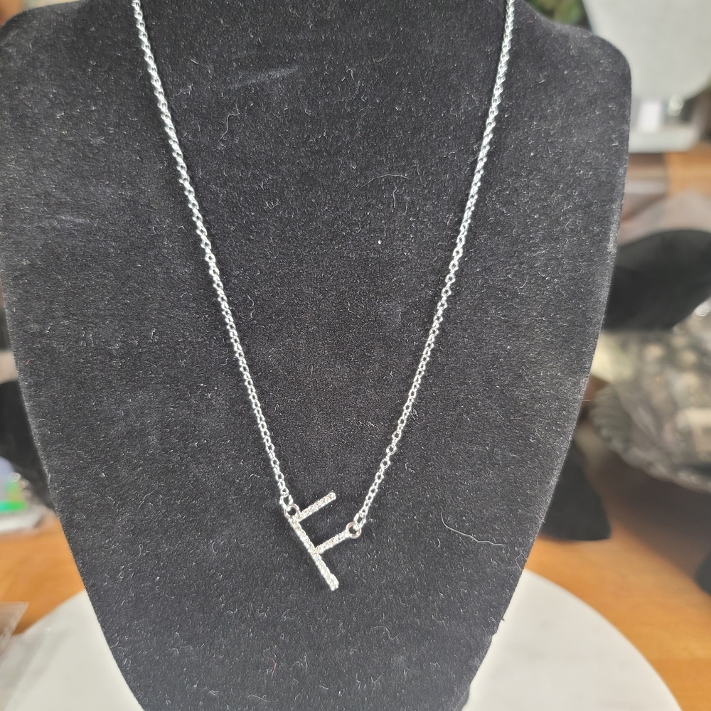 Silver Rhinestone Initial "F" Necklace Set